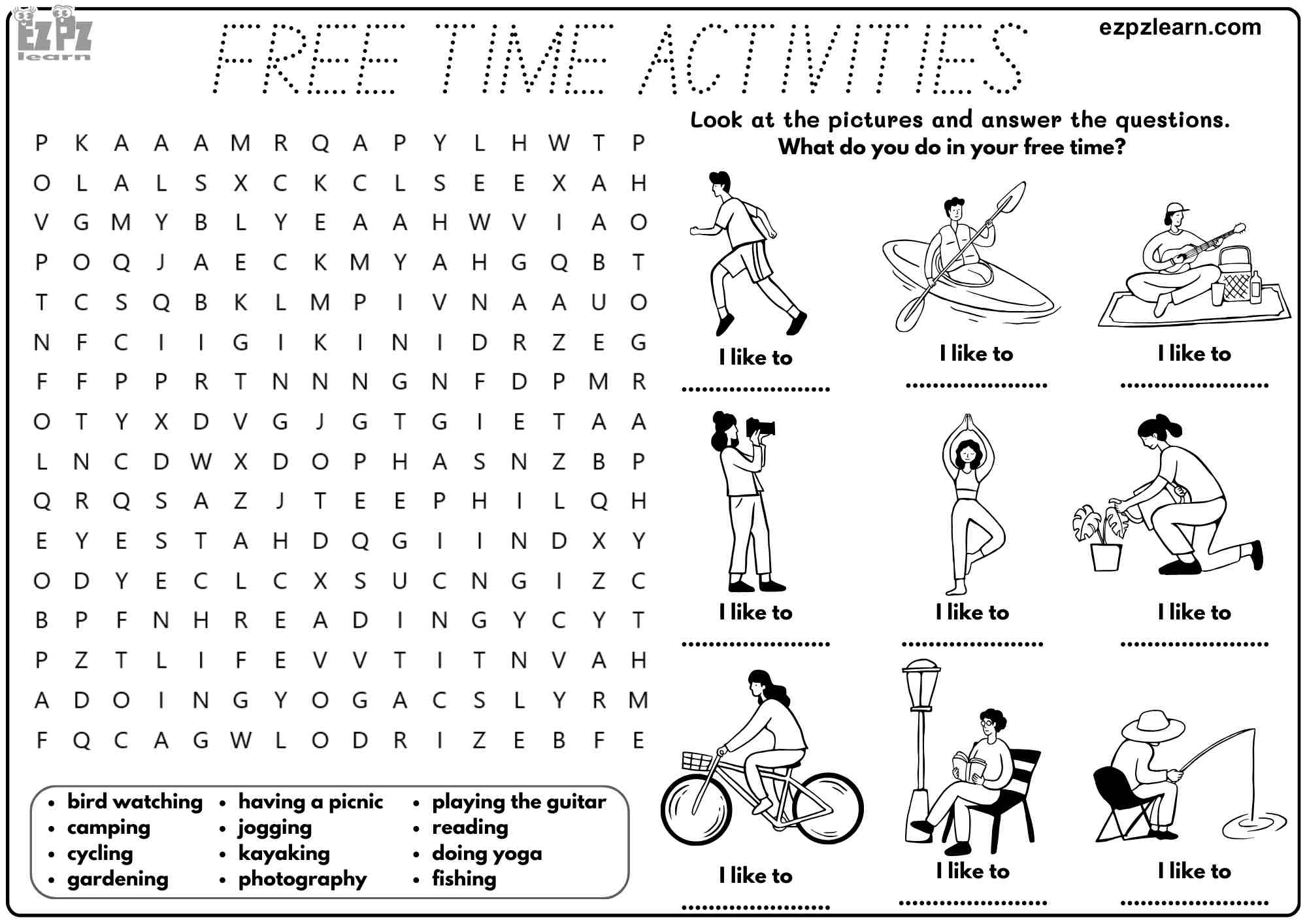 Free Time Activities Vocabulary For Kids. Includes Word Search, and